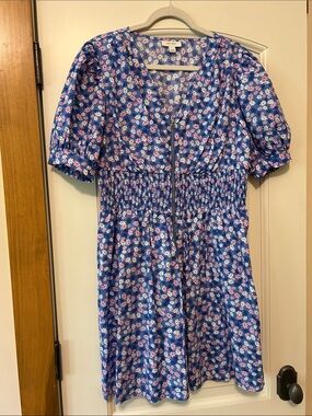 ON•34th Blue Floral V-Neck Dress with Pink & White Blossoms